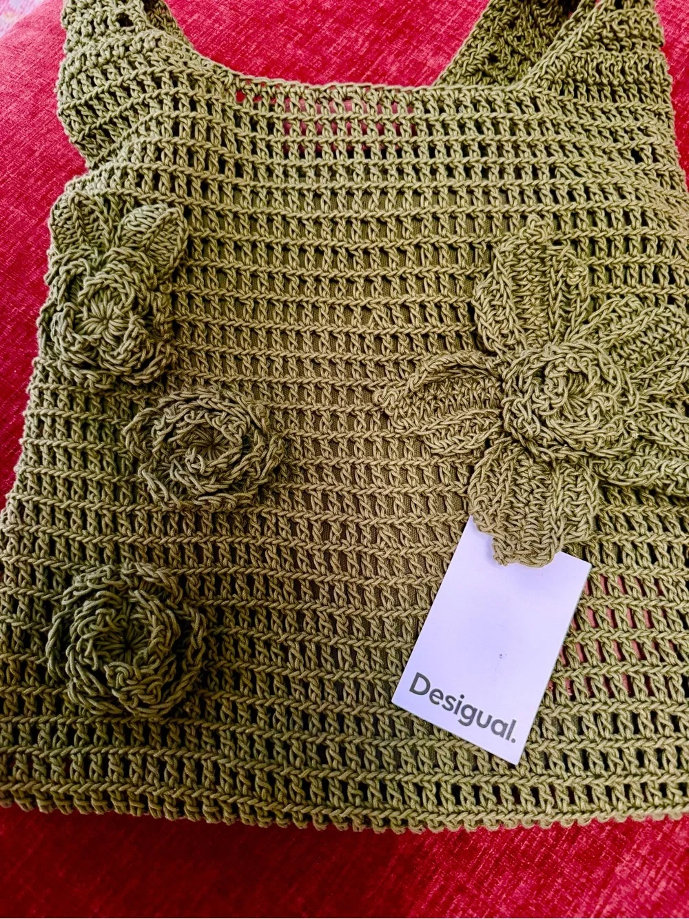 Desigual Olive Crochet Shoulder Bag with Floral Motifs